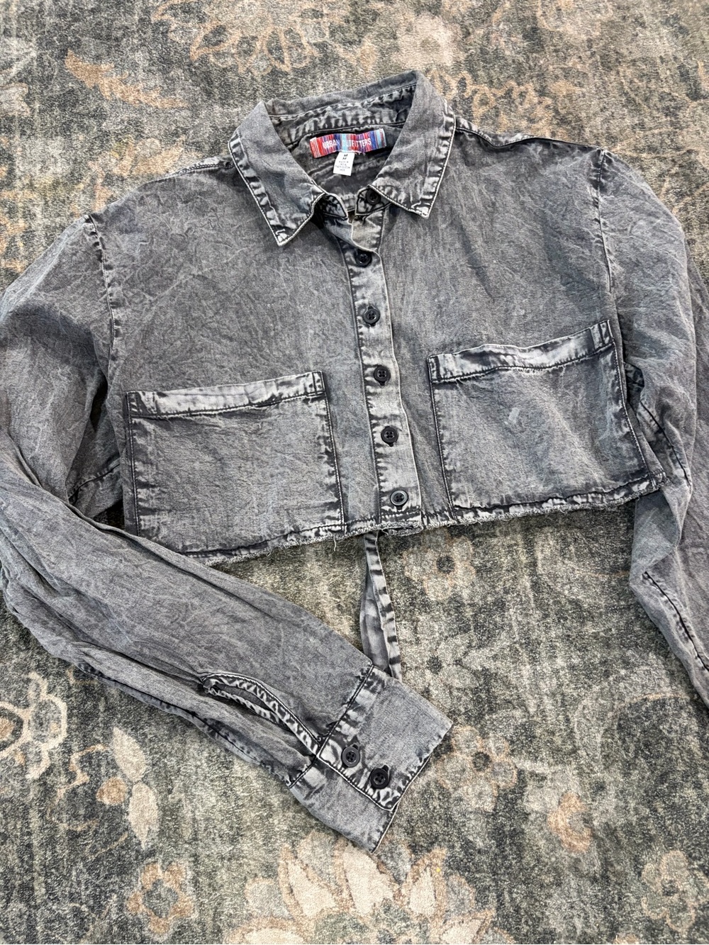 Urban Outfitters Washed Gray Cropped Button-Up Denim Shirt